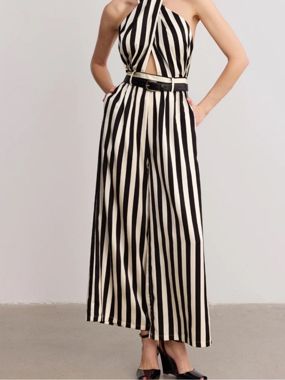 Striped Black & Cream Wide-Leg Jumpsuit